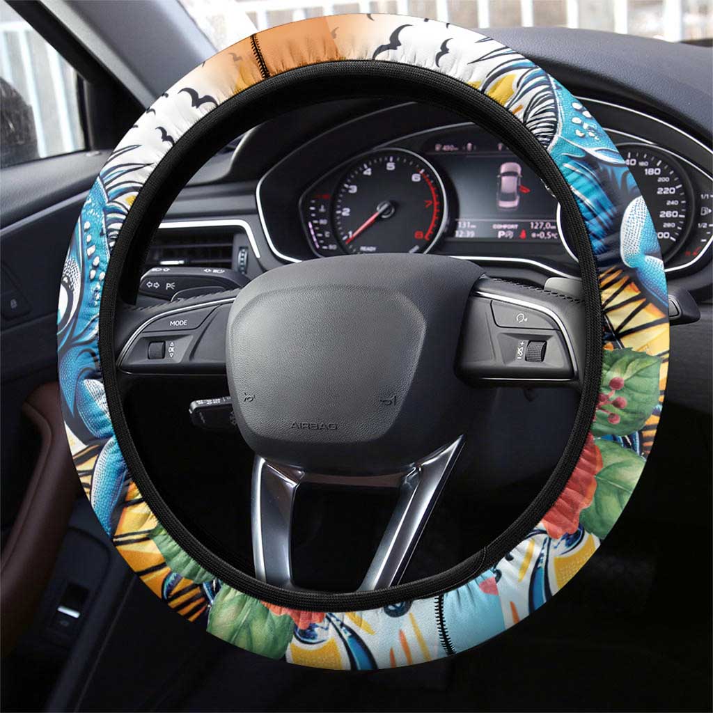 Cayman Islands Steering Wheel Cover Iguanas And Parrot Hisbius Flower - Wonder Print Shop