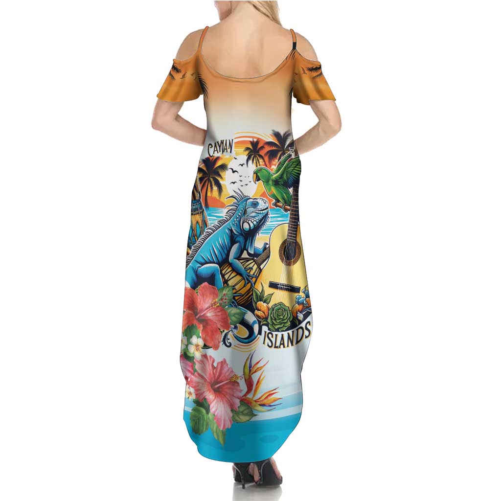Cayman Islands Summer Maxi Dress Iguanas And Parrot Hisbius Flower - Wonder Print Shop