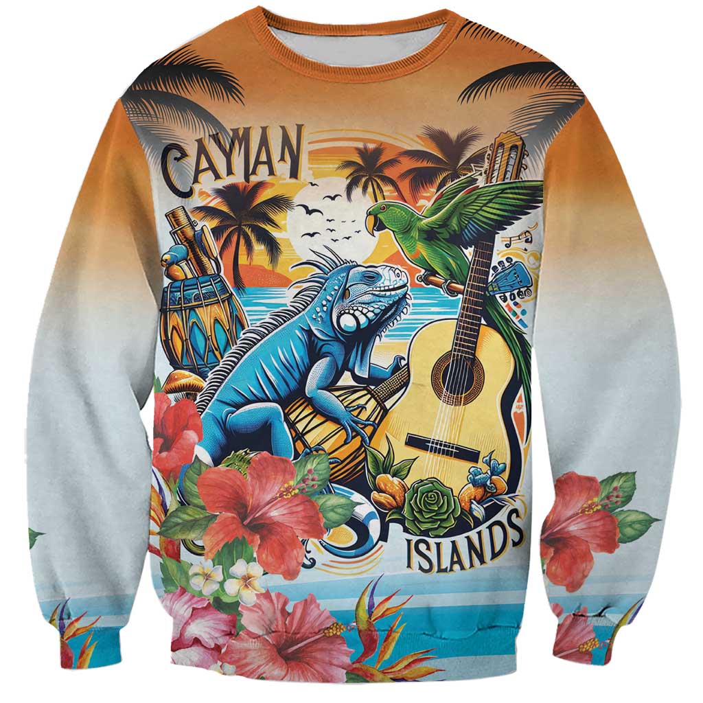 Cayman Islands Sweatshirt Iguanas And Parrot Hisbius Flower - Wonder Print Shop
