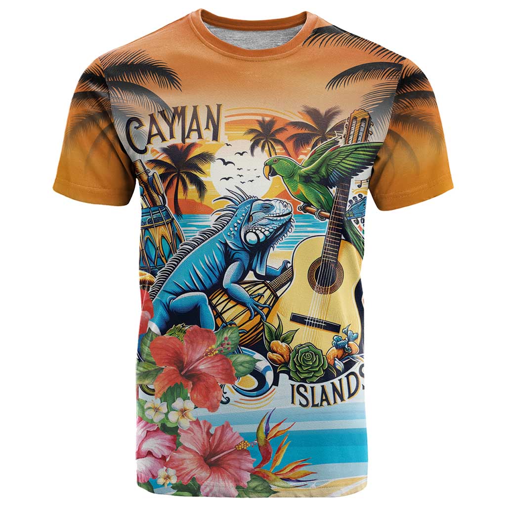 Cayman Islands T Shirt Iguanas And Parrot Hisbius Flower - Wonder Print Shop