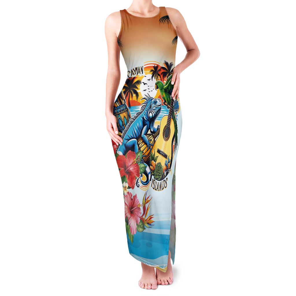 Cayman Islands Tank Maxi Dress Iguanas And Parrot Hisbius Flower - Wonder Print Shop