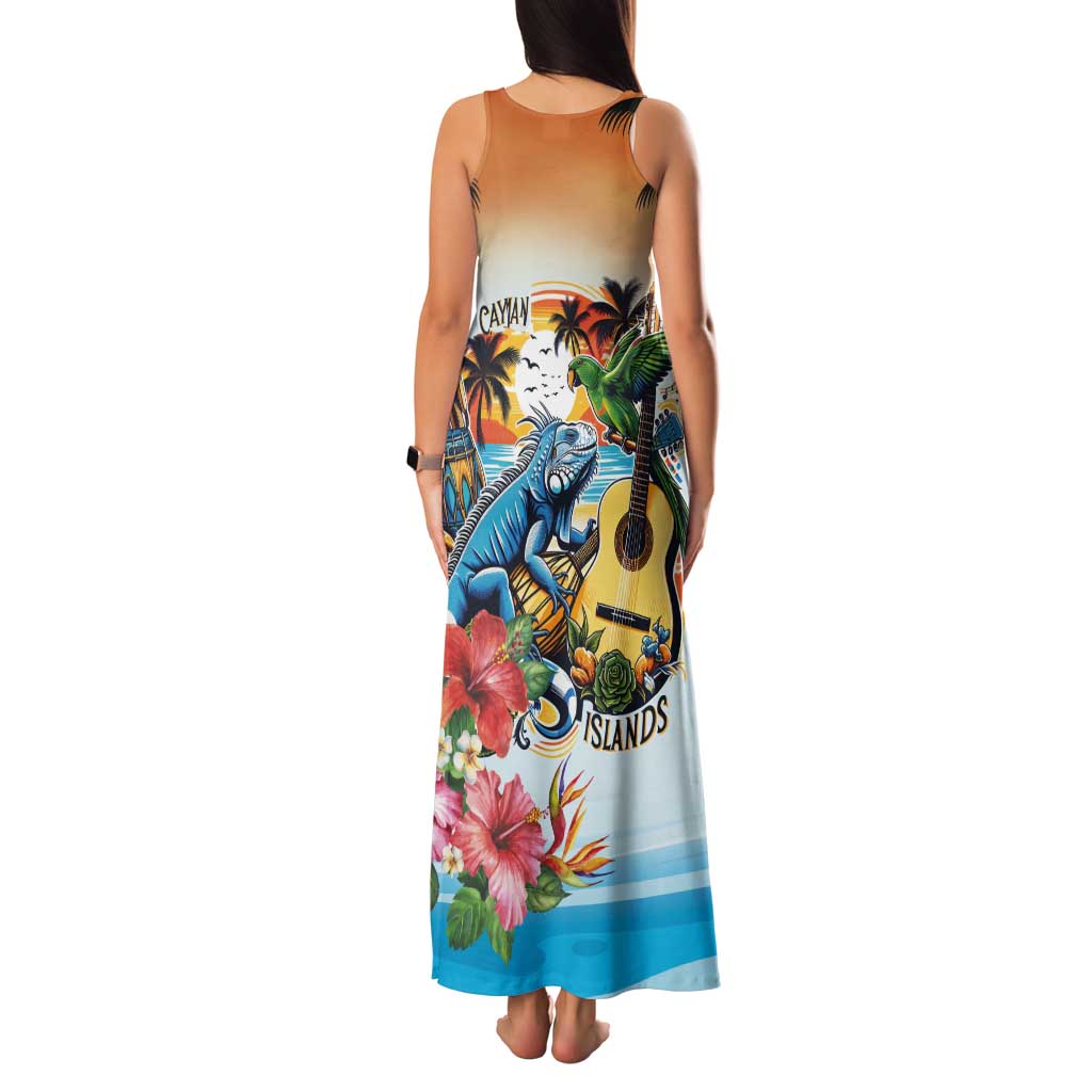 Cayman Islands Tank Maxi Dress Iguanas And Parrot Hisbius Flower - Wonder Print Shop
