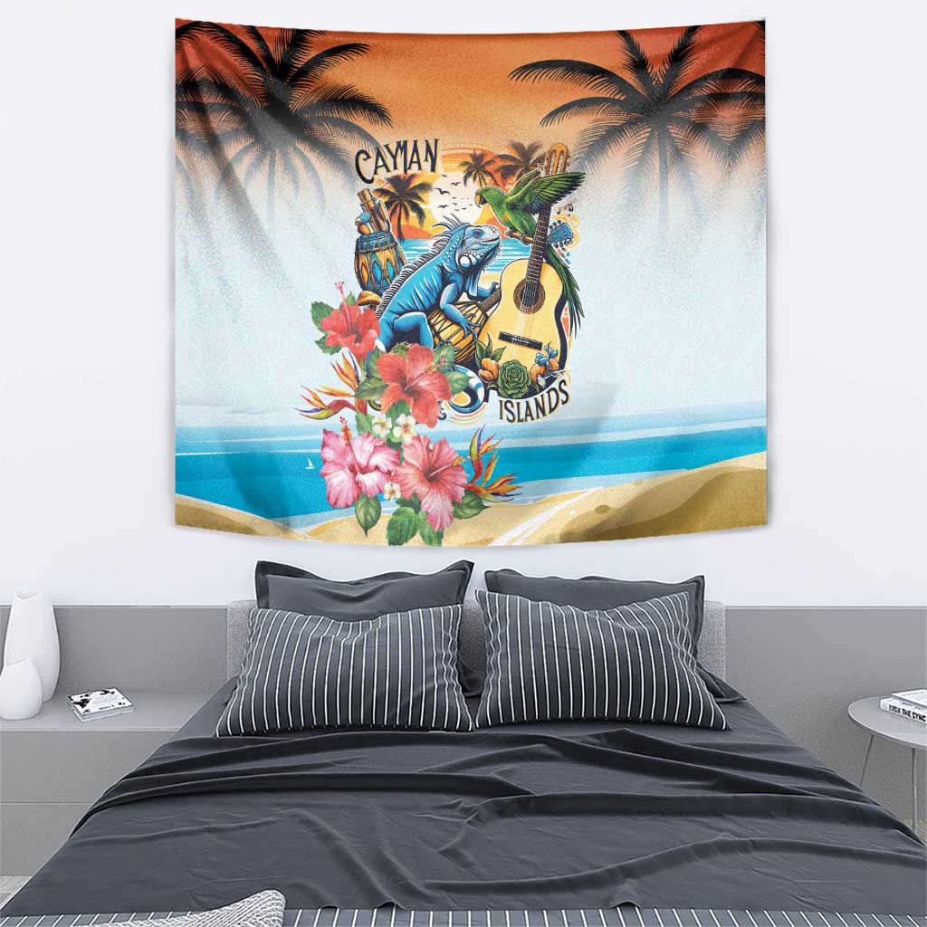 Cayman Islands Tapestry Iguanas And Parrot Hisbius Flower - Wonder Print Shop