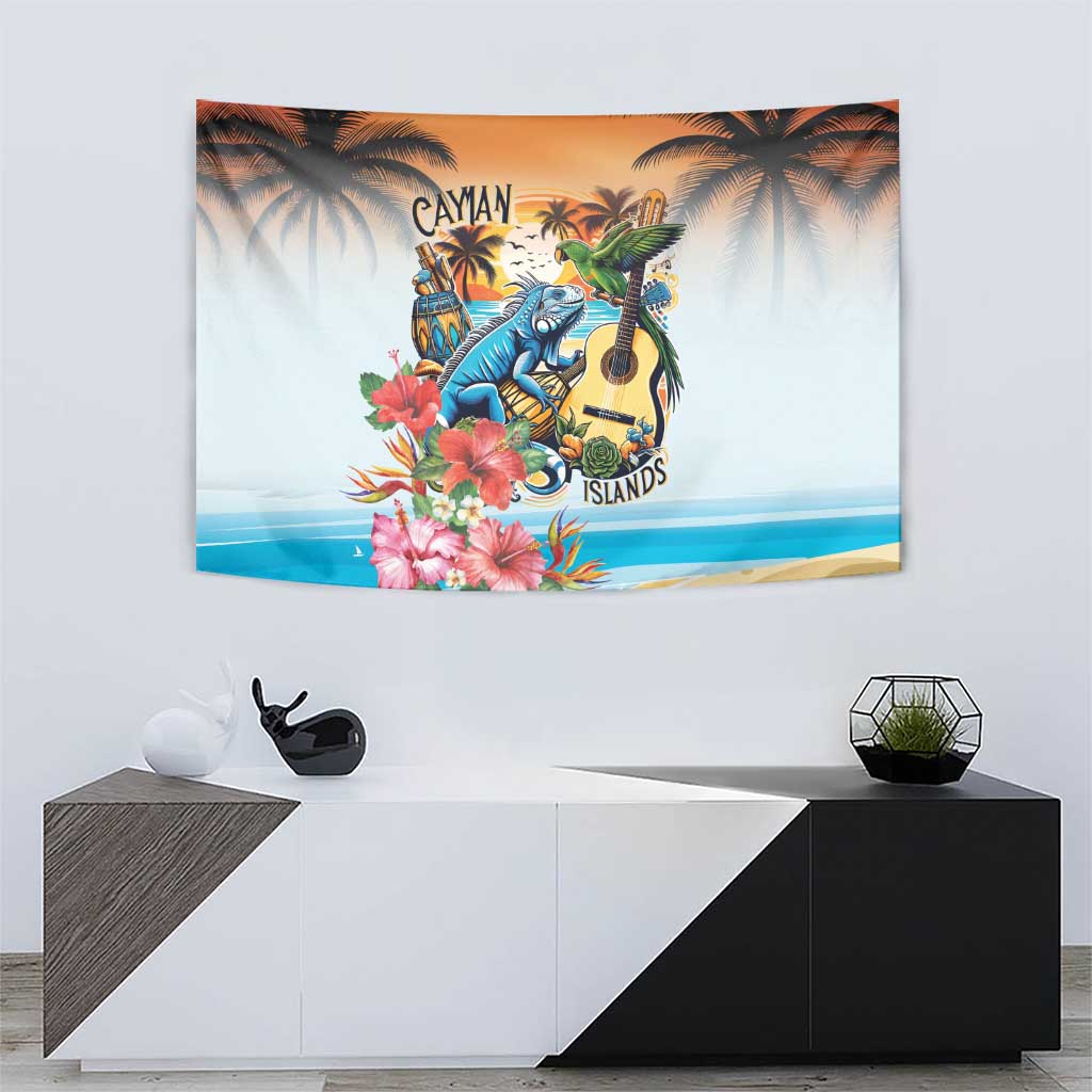 Cayman Islands Tapestry Iguanas And Parrot Hisbius Flower - Wonder Print Shop