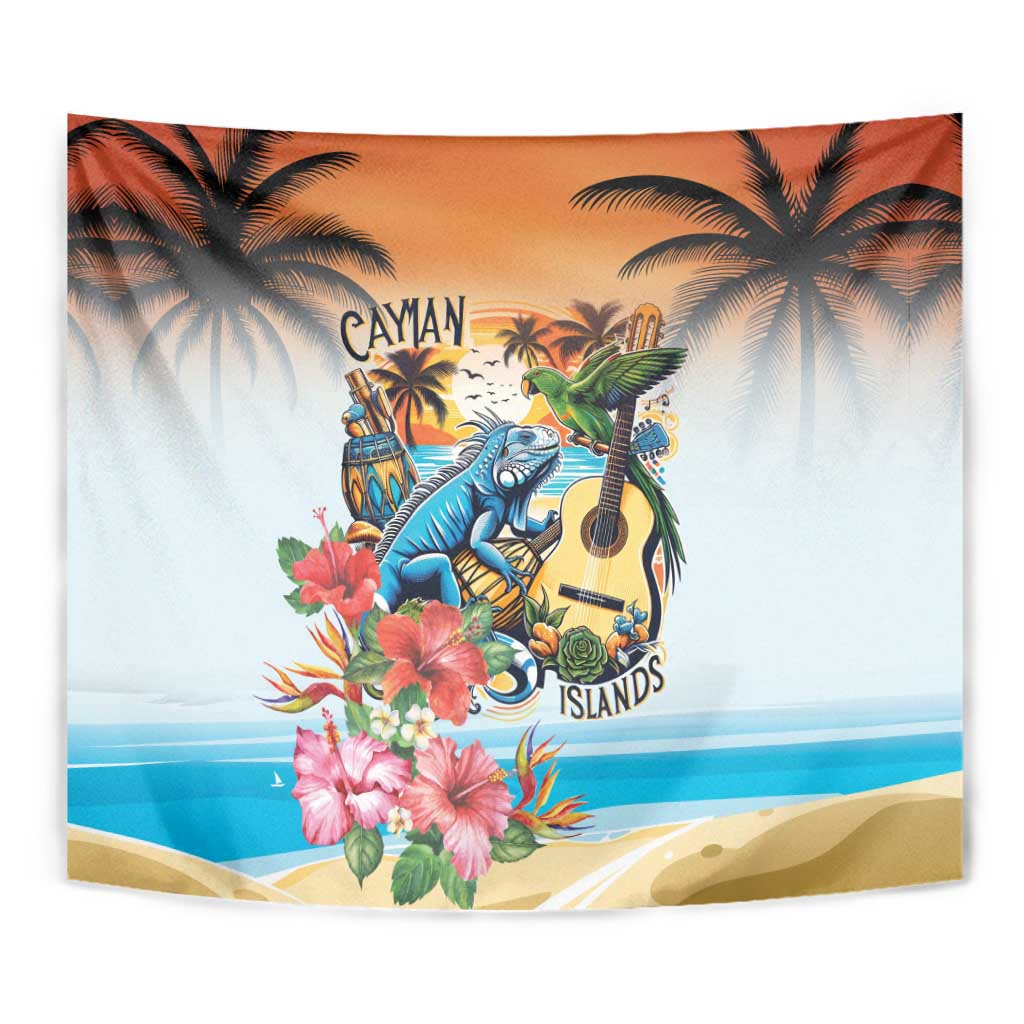 Cayman Islands Tapestry Iguanas And Parrot Hisbius Flower - Wonder Print Shop