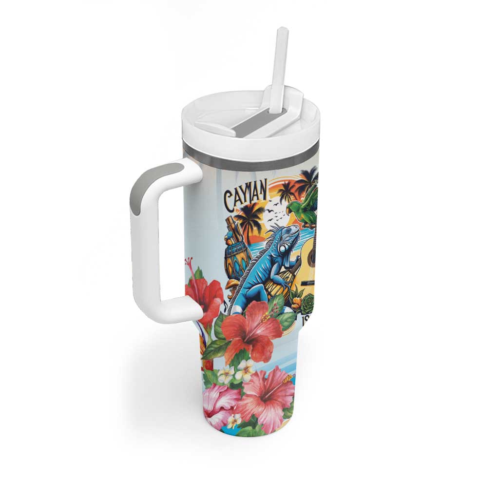 Cayman Islands Tumbler With Handle Iguanas And Parrot Hisbius Flower - Wonder Print Shop