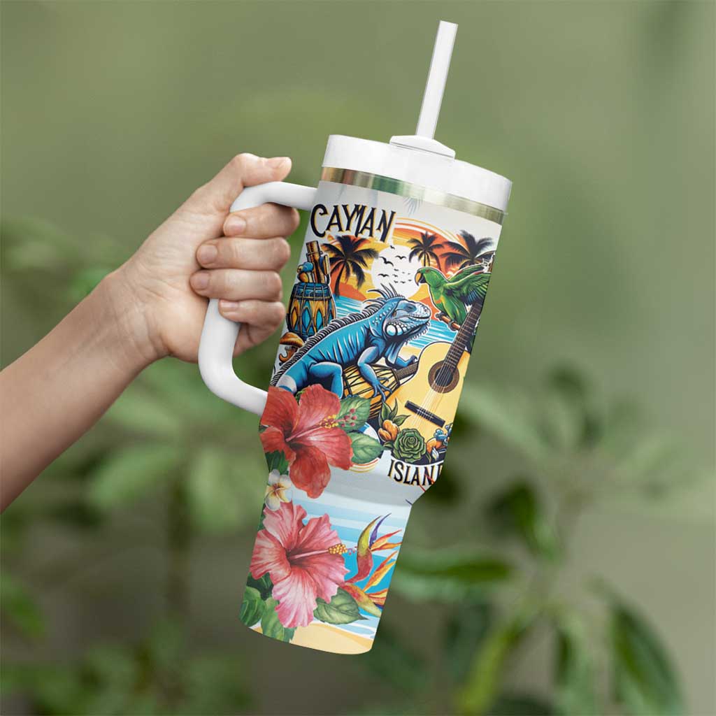 Cayman Islands Tumbler With Handle Iguanas And Parrot Hisbius Flower - Wonder Print Shop