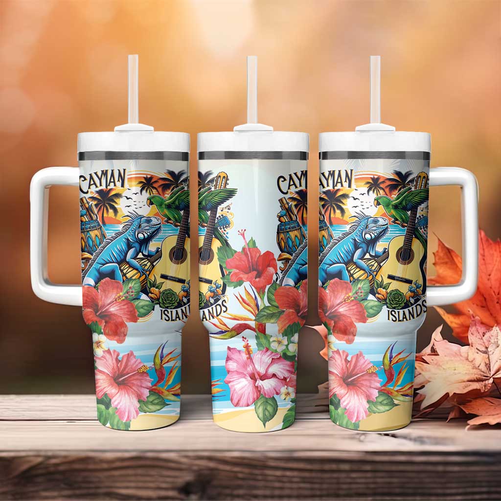 Cayman Islands Tumbler With Handle Iguanas And Parrot Hisbius Flower - Wonder Print Shop