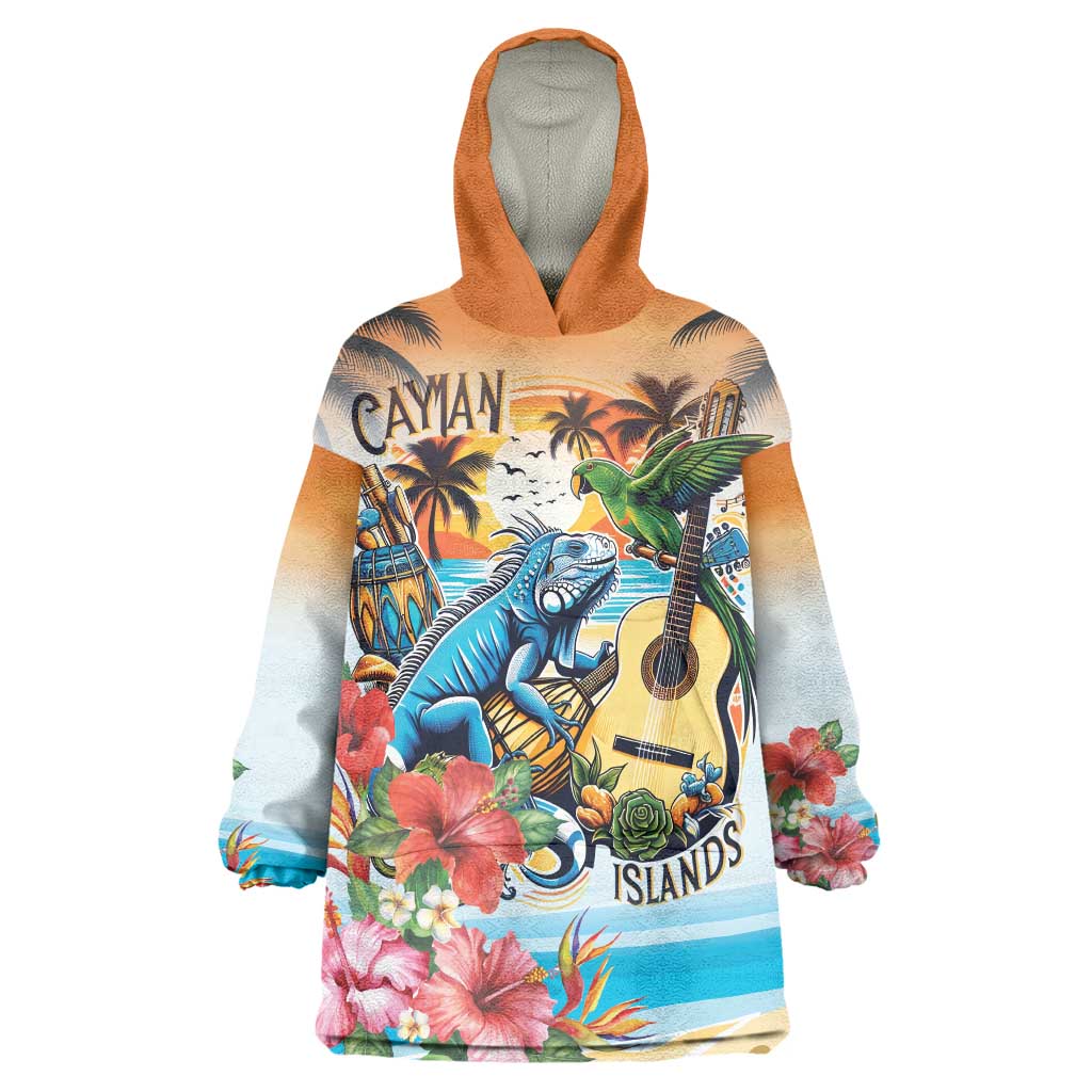Cayman Islands Wearable Blanket Hoodie Iguanas And Parrot Hisbius Flower - Wonder Print Shop