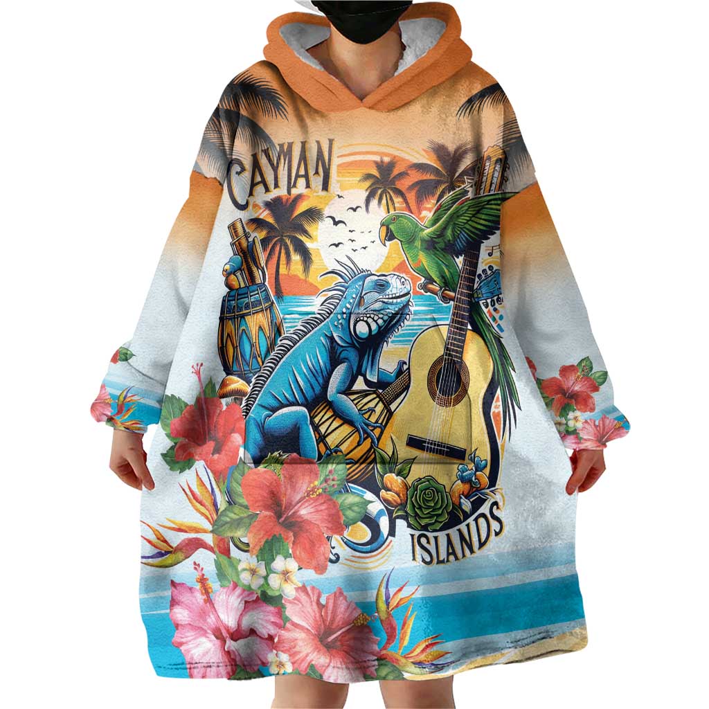 Cayman Islands Wearable Blanket Hoodie Iguanas And Parrot Hisbius Flower - Wonder Print Shop