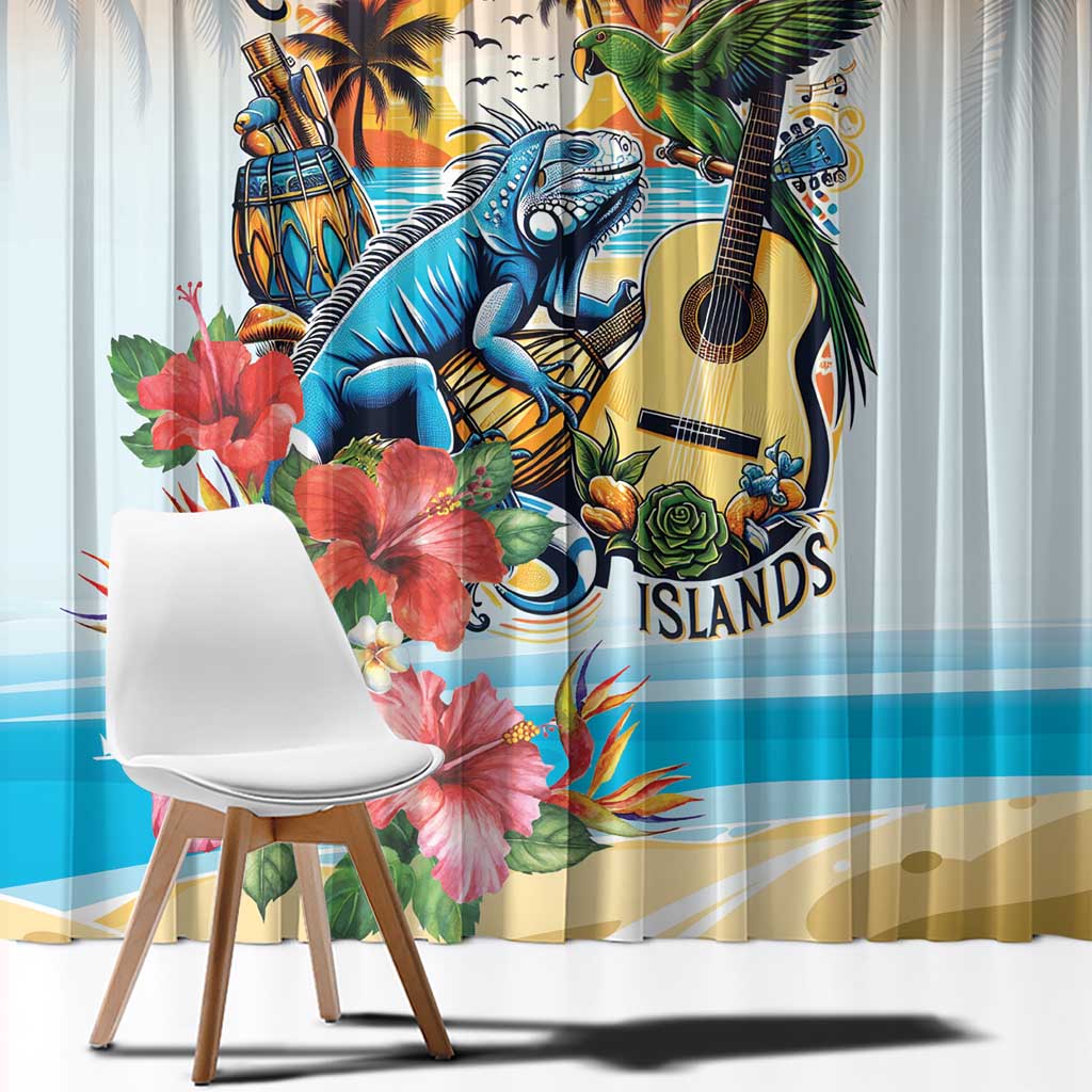 Cayman Islands Window Curtain Iguanas And Parrot Hisbius Flower - Wonder Print Shop