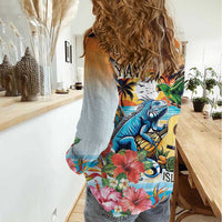 Cayman Islands Women Casual Shirt Iguanas And Parrot Hisbius Flower - Wonder Print Shop