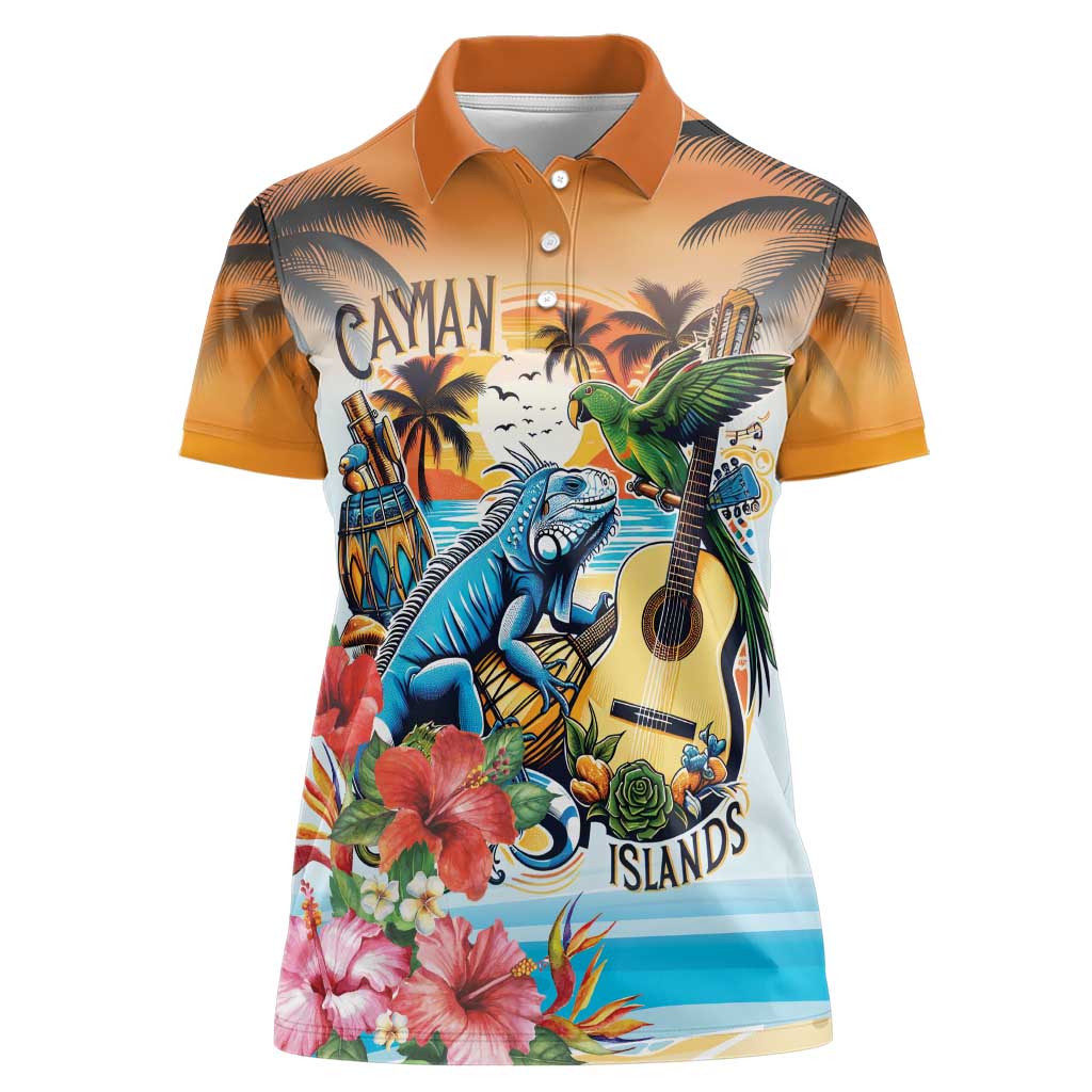 Cayman Islands Women Polo Shirt Iguanas And Parrot Hisbius Flower - Wonder Print Shop