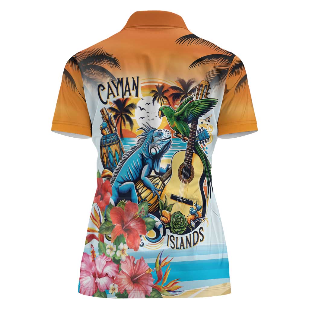 Cayman Islands Women Polo Shirt Iguanas And Parrot Hisbius Flower - Wonder Print Shop