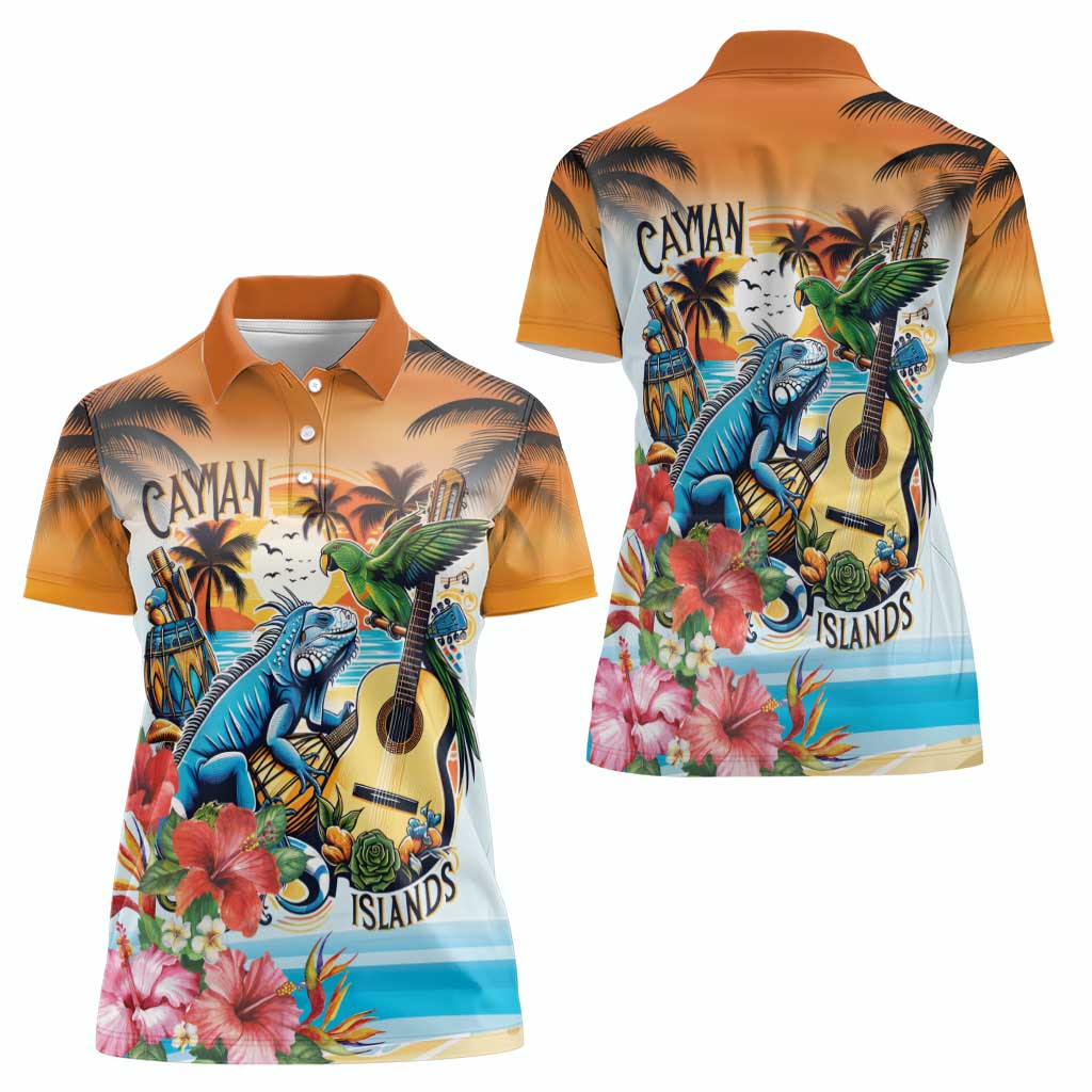 Cayman Islands Women Polo Shirt Iguanas And Parrot Hisbius Flower - Wonder Print Shop