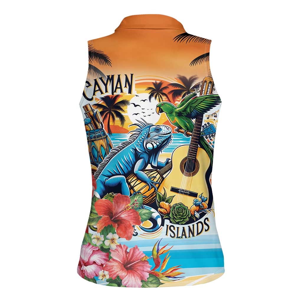 Cayman Islands Women Sleeveless Polo Shirt Iguanas And Parrot Hisbius Flower - Wonder Print Shop