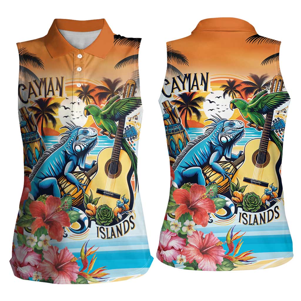Cayman Islands Women Sleeveless Polo Shirt Iguanas And Parrot Hisbius Flower - Wonder Print Shop