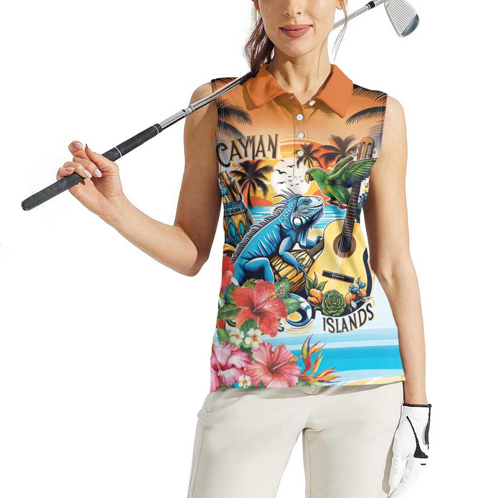 Cayman Islands Women Sleeveless Polo Shirt Iguanas And Parrot Hisbius Flower - Wonder Print Shop