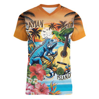 Cayman Islands Women V-Neck T-Shirt Iguanas And Parrot Hisbius Flower - Wonder Print Shop