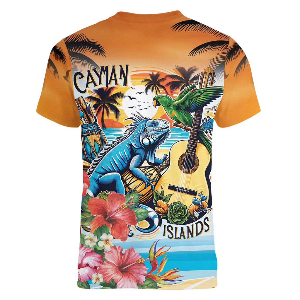 Cayman Islands Women V-Neck T-Shirt Iguanas And Parrot Hisbius Flower - Wonder Print Shop
