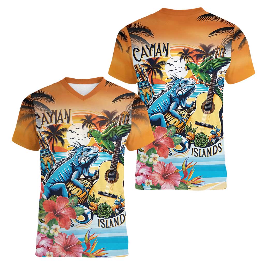Cayman Islands Women V-Neck T-Shirt Iguanas And Parrot Hisbius Flower - Wonder Print Shop