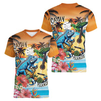 Cayman Islands Women V-Neck T-Shirt Iguanas And Parrot Hisbius Flower - Wonder Print Shop