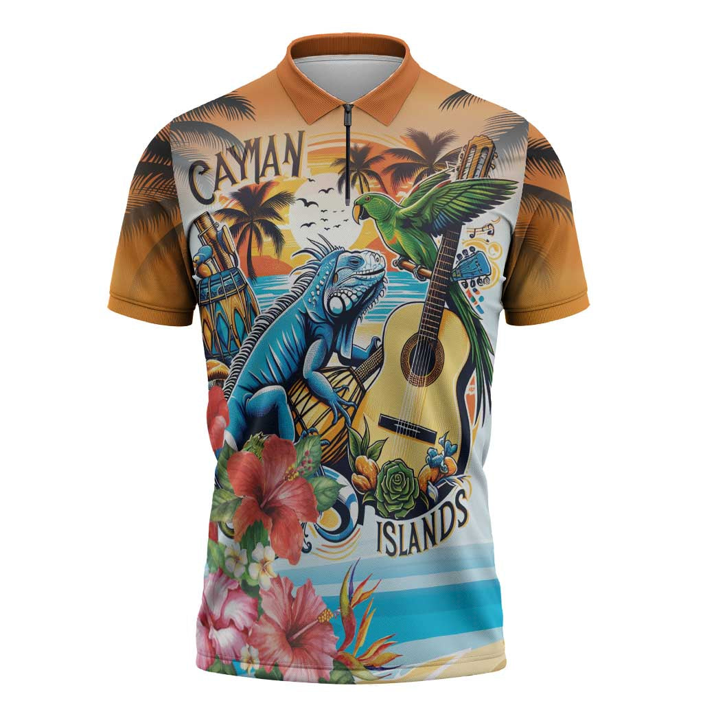 Cayman Islands Zipper Polo Shirt Iguanas And Parrot Hisbius Flower - Wonder Print Shop