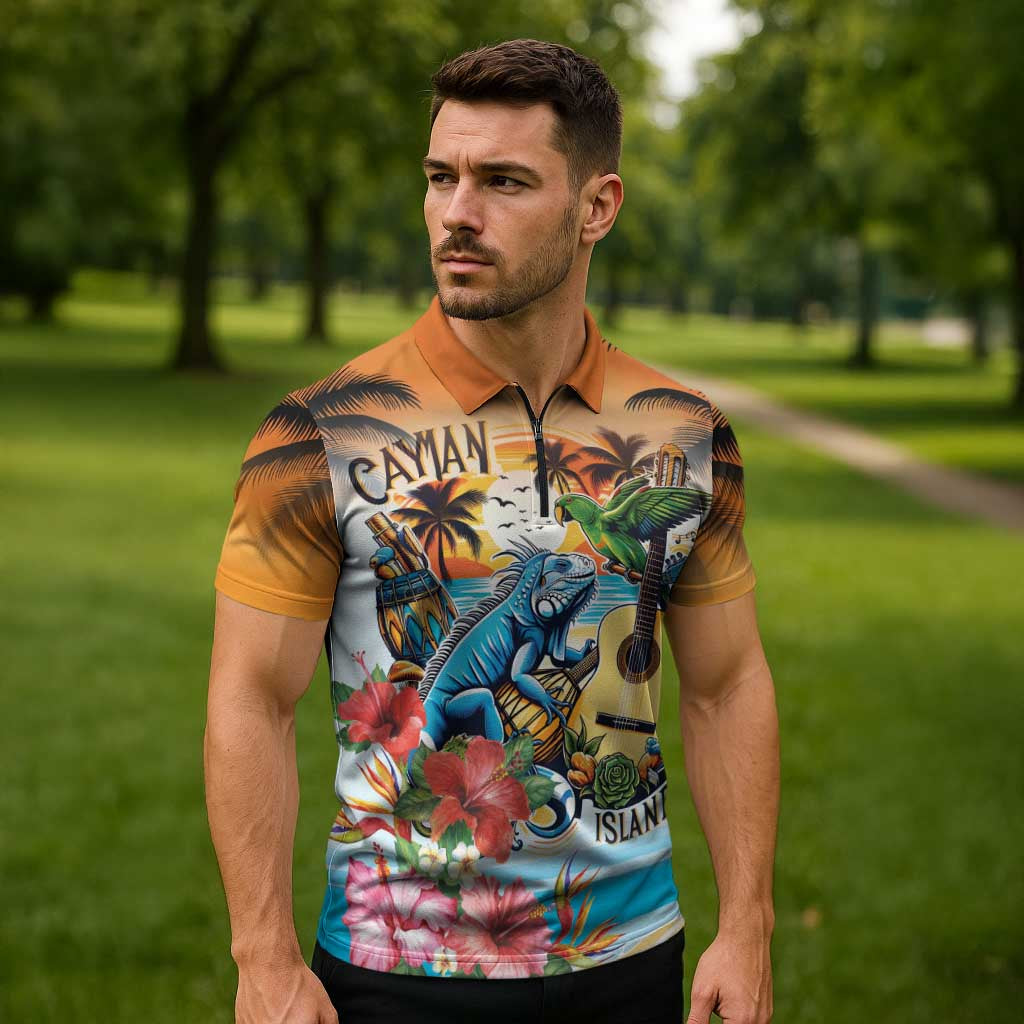 Cayman Islands Zipper Polo Shirt Iguanas And Parrot Hisbius Flower - Wonder Print Shop