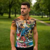 Cayman Islands Zipper Polo Shirt Iguanas And Parrot Hisbius Flower - Wonder Print Shop