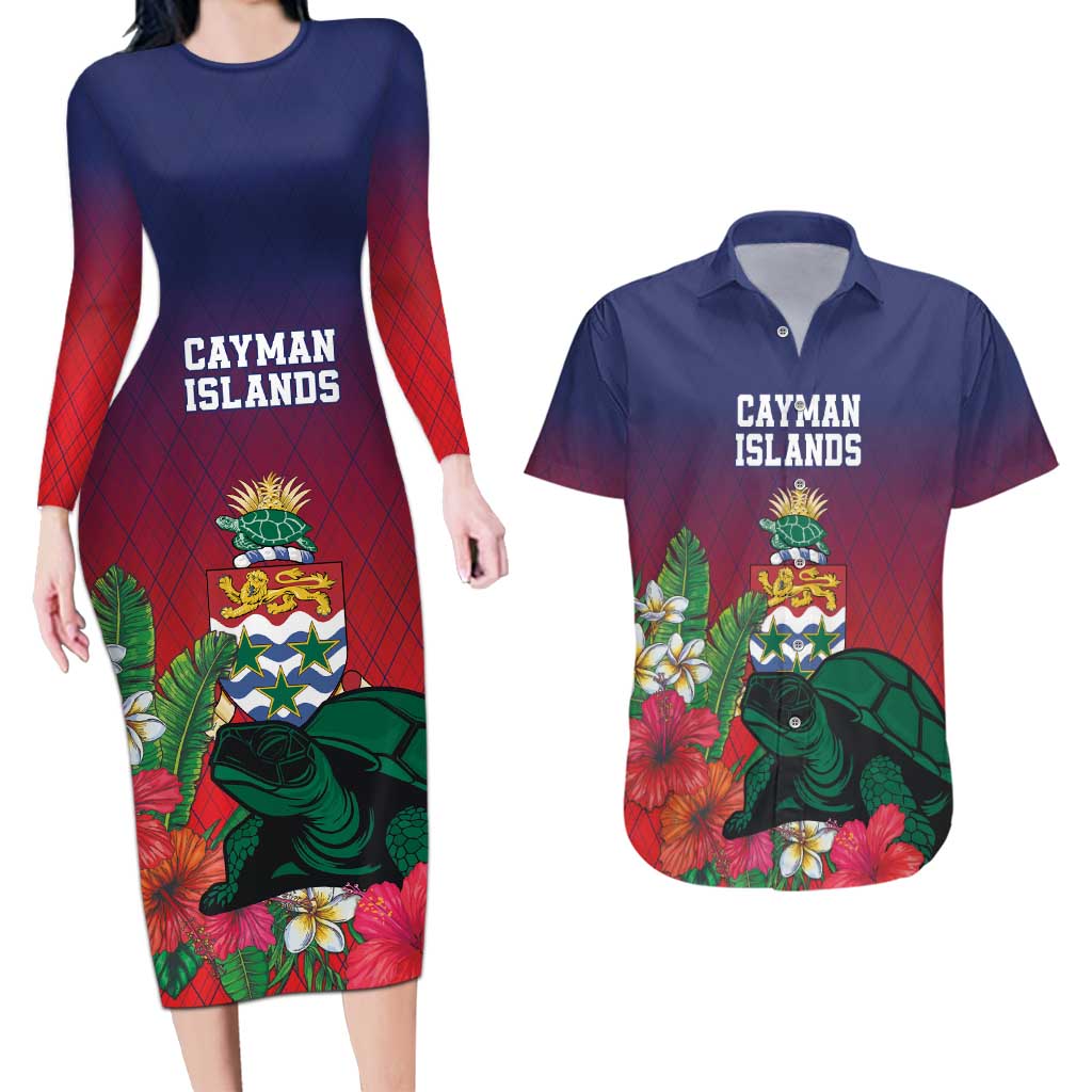 Custom Cayman Islands Couples Matching Long Sleeve Bodycon Dress and Hawaiian Shirt Green Turtle Sporty Style - Wonder Print Shop