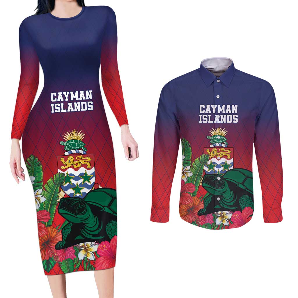 Custom Cayman Islands Couples Matching Long Sleeve Bodycon Dress and Long Sleeve Button Shirt Green Turtle Sporty Style - Wonder Print Shop