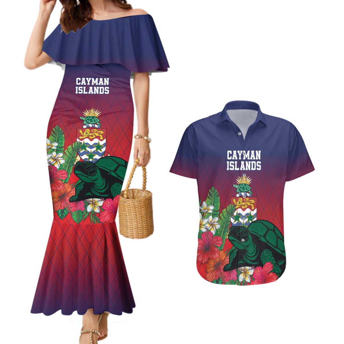 Custom Cayman Islands Couples Matching Mermaid Dress and Hawaiian Shirt Green Turtle Sporty Style - Wonder Print Shop