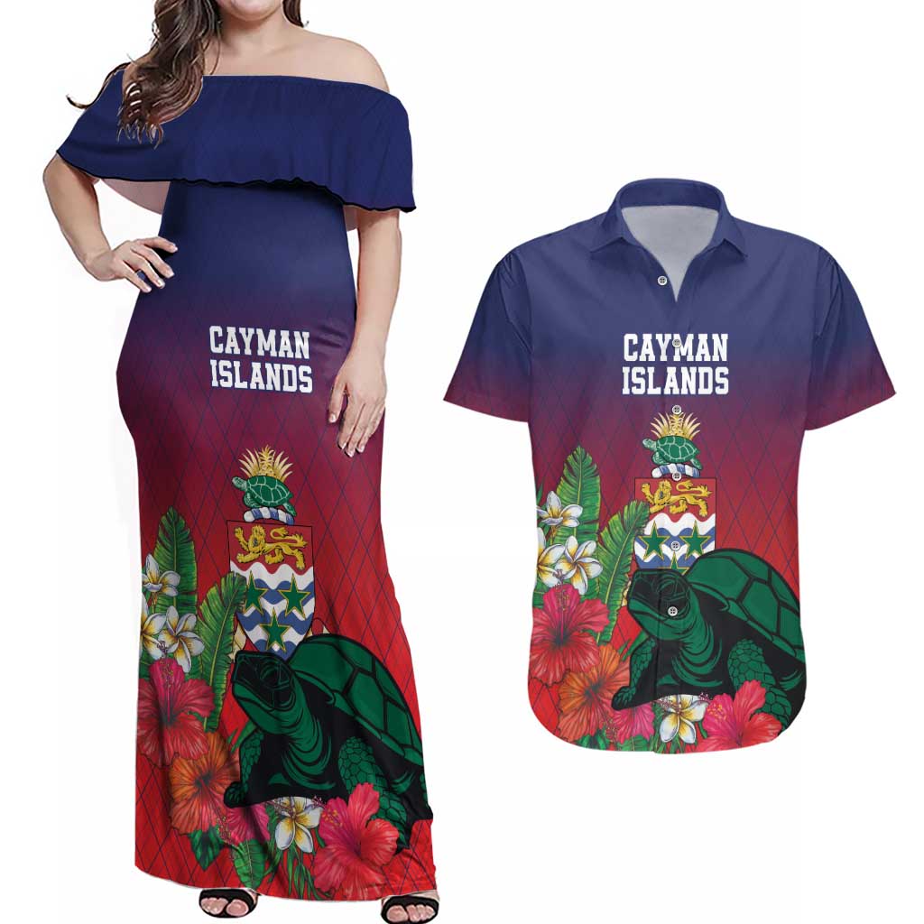 Custom Cayman Islands Couples Matching Off Shoulder Maxi Dress and Hawaiian Shirt Green Turtle Sporty Style - Wonder Print Shop