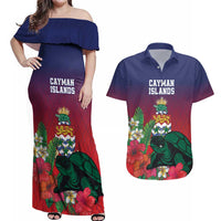 Custom Cayman Islands Couples Matching Off Shoulder Maxi Dress and Hawaiian Shirt Green Turtle Sporty Style - Wonder Print Shop