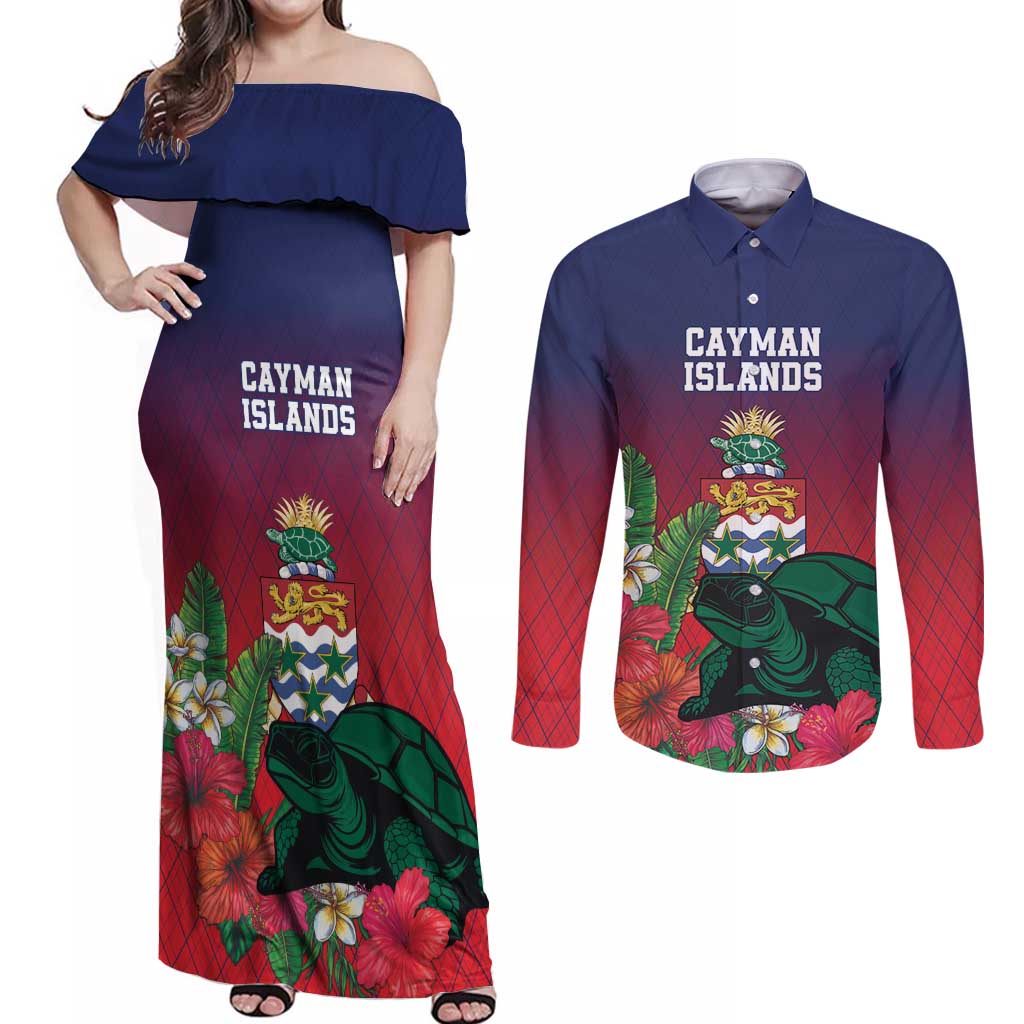 Custom Cayman Islands Couples Matching Off Shoulder Maxi Dress and Long Sleeve Button Shirt Green Turtle Sporty Style - Wonder Print Shop