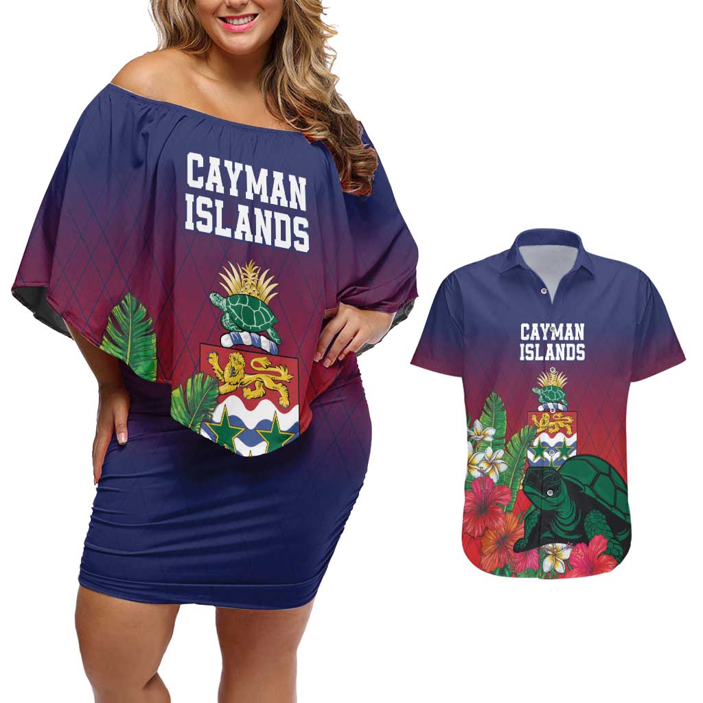 Custom Cayman Islands Couples Matching Off Shoulder Short Dress and Hawaiian Shirt Green Turtle Sporty Style - Wonder Print Shop