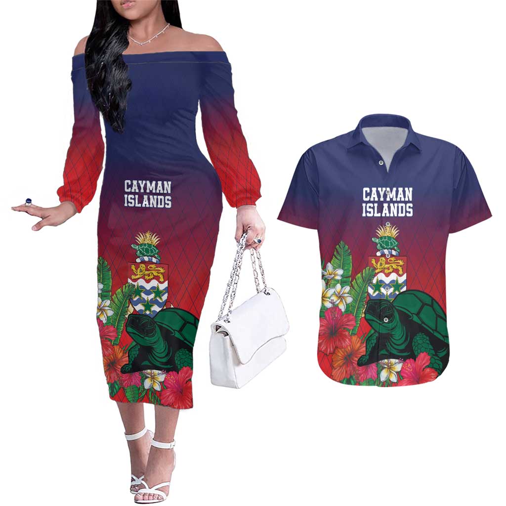 Custom Cayman Islands Couples Matching Off The Shoulder Long Sleeve Dress and Hawaiian Shirt Green Turtle Sporty Style - Wonder Print Shop