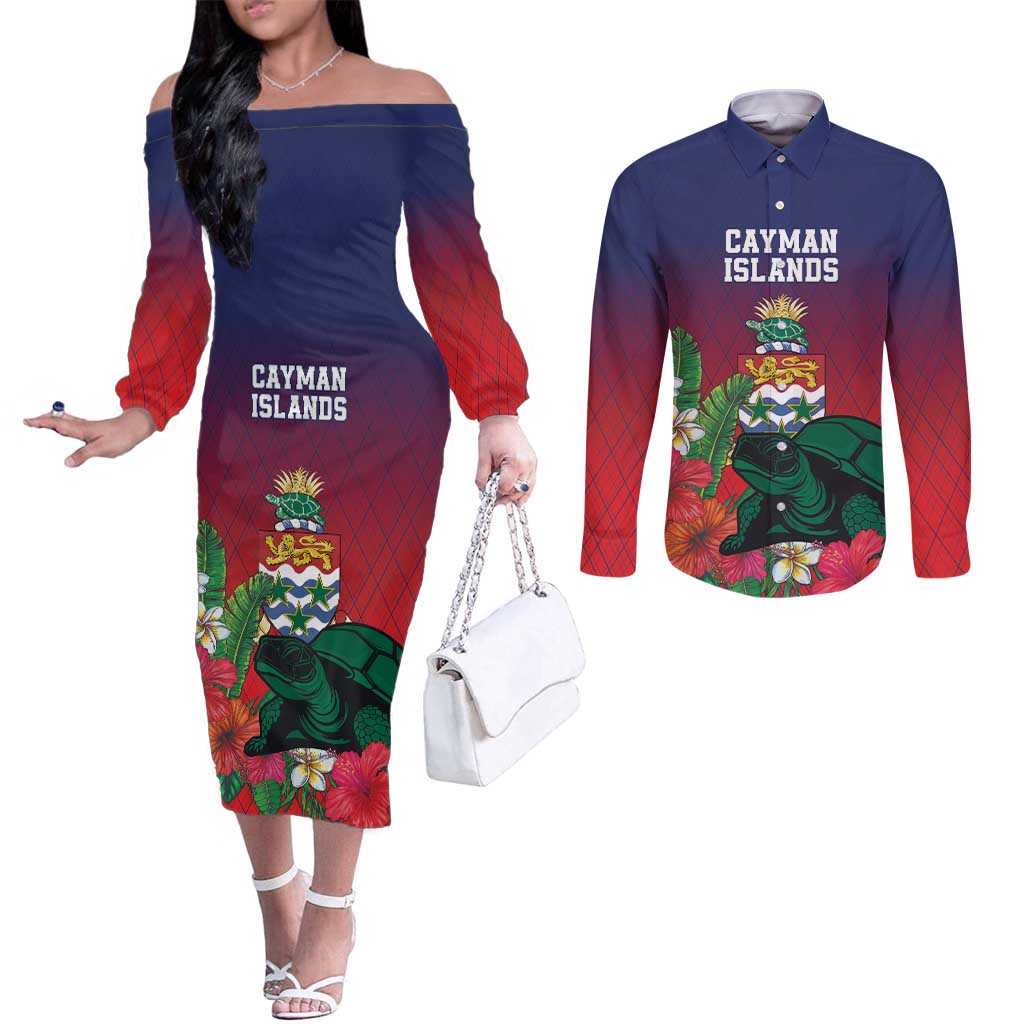 Custom Cayman Islands Couples Matching Off The Shoulder Long Sleeve Dress and Long Sleeve Button Shirt Green Turtle Sporty Style - Wonder Print Shop