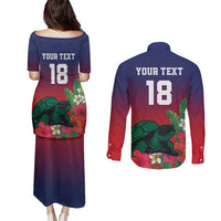Custom Cayman Islands Couples Matching Puletasi and Long Sleeve Button Shirt Green Turtle Sporty Style - Wonder Print Shop