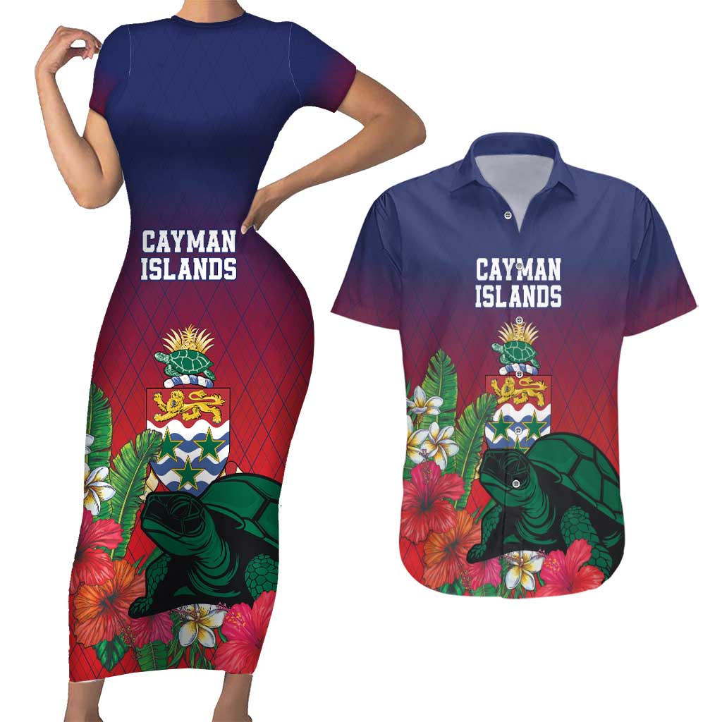 Custom Cayman Islands Couples Matching Short Sleeve Bodycon Dress and Hawaiian Shirt Green Turtle Sporty Style - Wonder Print Shop