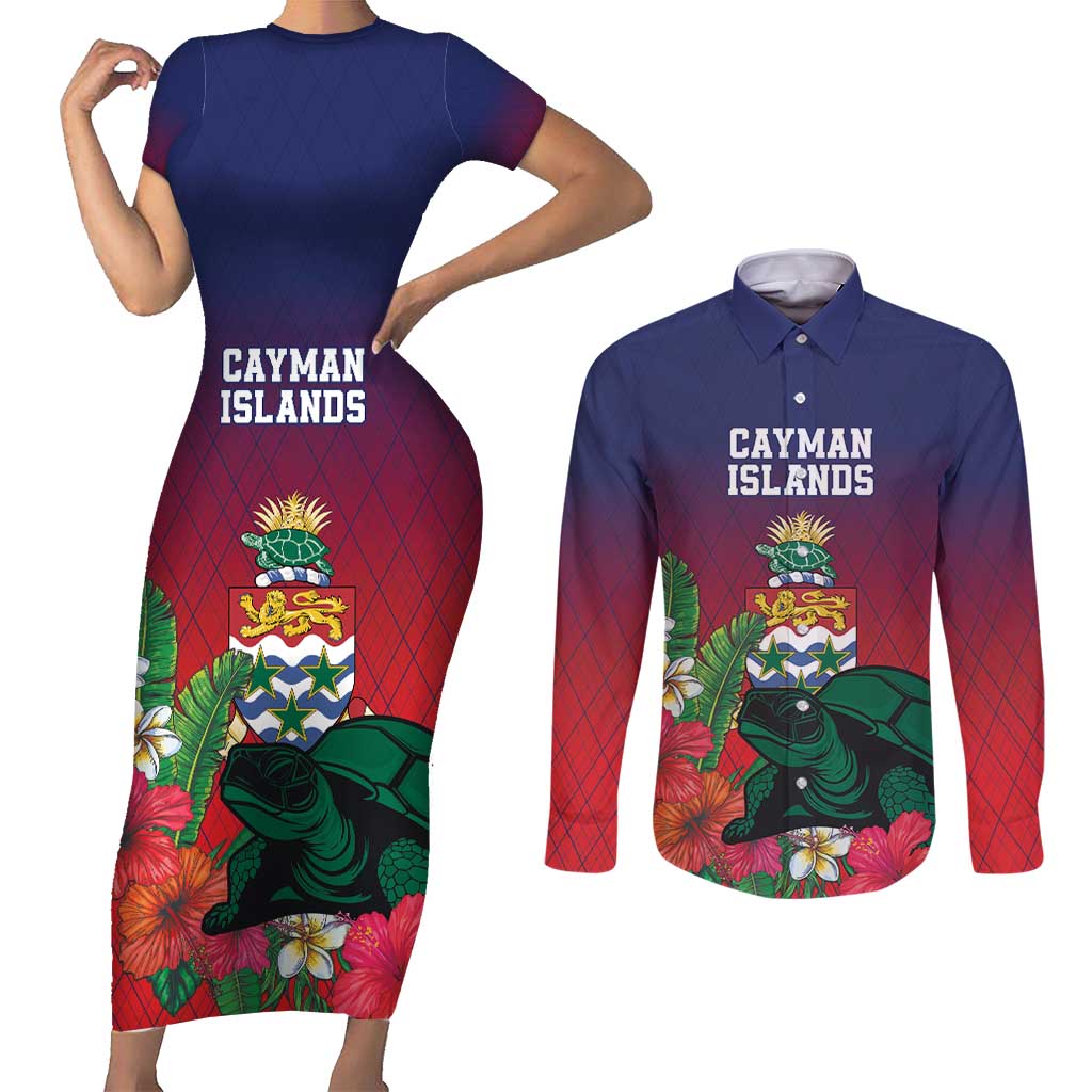 Custom Cayman Islands Couples Matching Short Sleeve Bodycon Dress and Long Sleeve Button Shirt Green Turtle Sporty Style - Wonder Print Shop