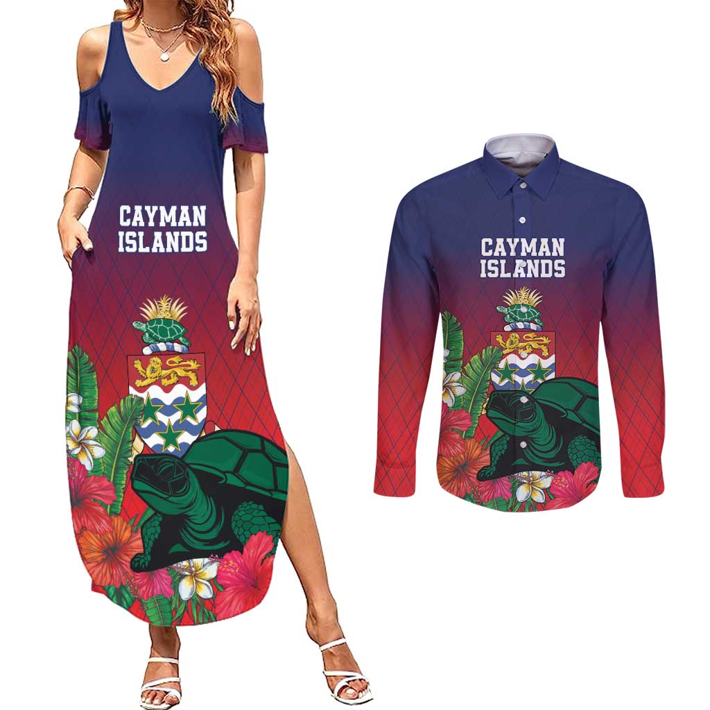 Custom Cayman Islands Couples Matching Summer Maxi Dress and Long Sleeve Button Shirt Green Turtle Sporty Style - Wonder Print Shop