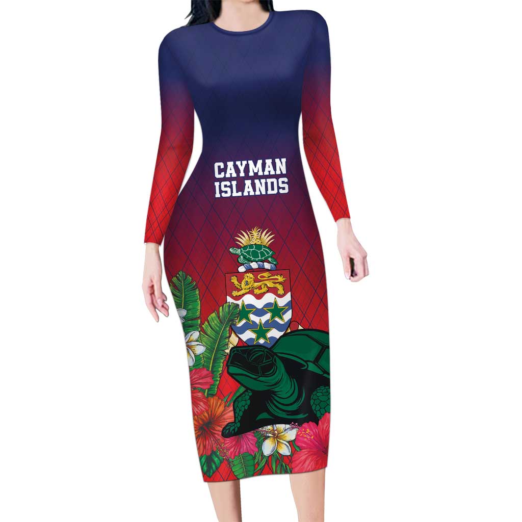 Custom Cayman Islands Long Sleeve Bodycon Dress Green Turtle Sporty Style - Wonder Print Shop