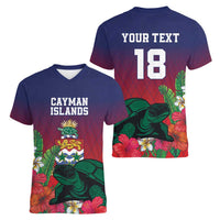 Custom Cayman Islands Women V-Neck T-Shirt Green Turtle Sporty Style - Wonder Print Shop