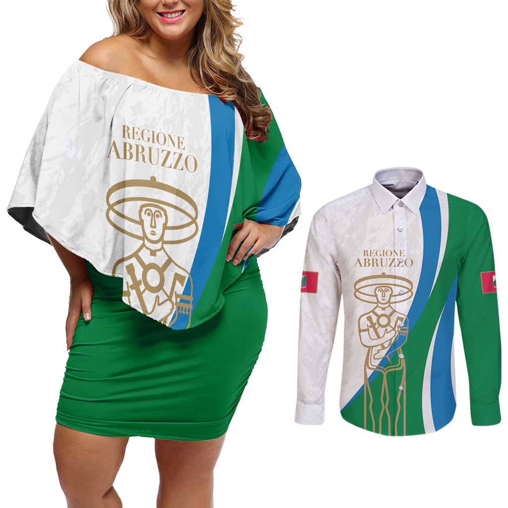 Personalized Italian Region Abruzzo Couples Matching Off Shoulder Short Dress and Long Sleeve Button Shirt Italy Sporty Style - Wonder Print Shop