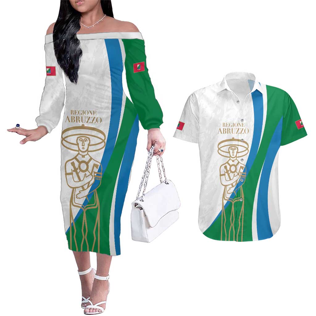 Personalized Italian Region Abruzzo Couples Matching Off The Shoulder Long Sleeve Dress and Hawaiian Shirt Italy Sporty Style - Wonder Print Shop