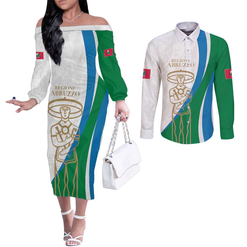 Personalized Italian Region Abruzzo Couples Matching Off The Shoulder Long Sleeve Dress and Long Sleeve Button Shirt Italy Sporty Style - Wonder Print Shop