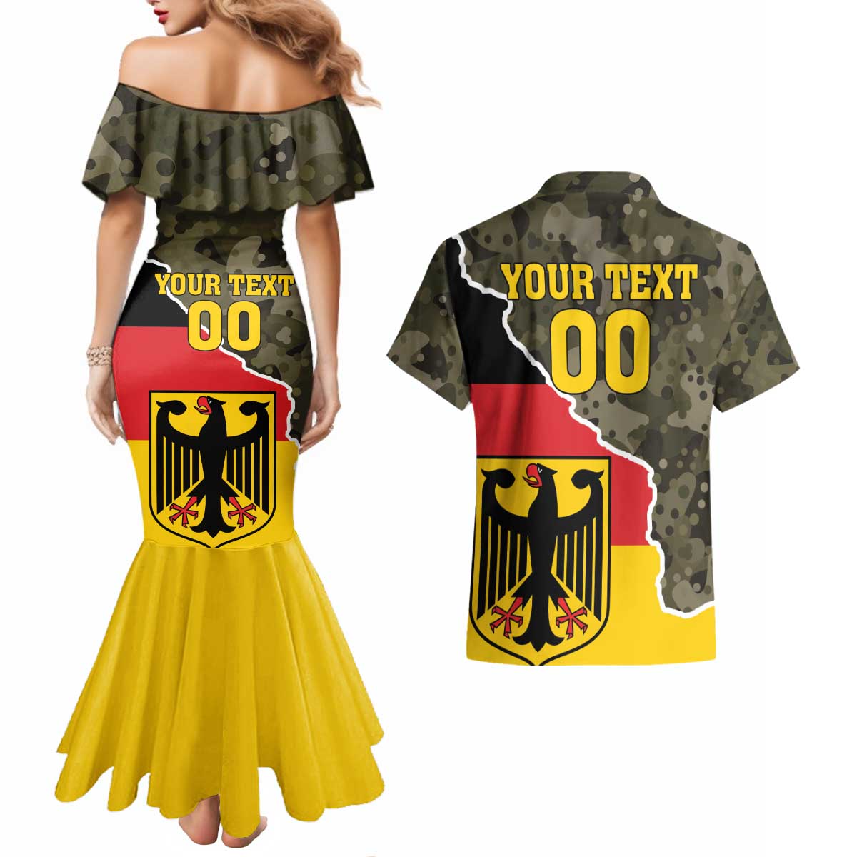 Custom Germany 1990 Couples Matching Mermaid Dress and Hawaiian Shirt Coat Of Arms With Camo Patterns - Wonder Print Shop