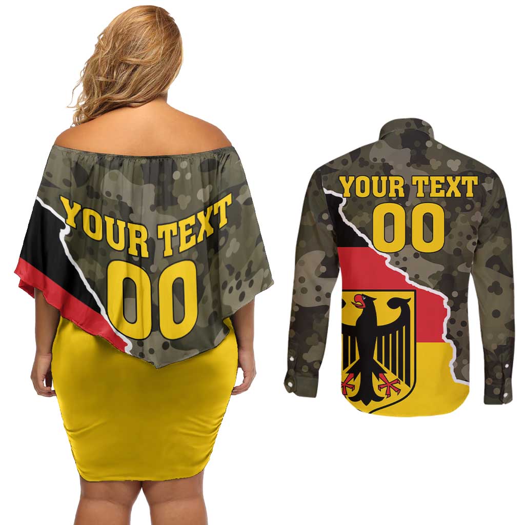 Custom Germany 1990 Couples Matching Off Shoulder Short Dress and Long Sleeve Button Shirt Coat Of Arms With Camo Patterns - Wonder Print Shop