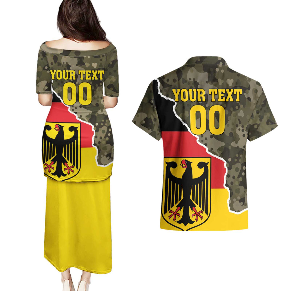 Custom Germany 1990 Couples Matching Puletasi and Hawaiian Shirt Coat Of Arms With Camo Patterns - Wonder Print Shop